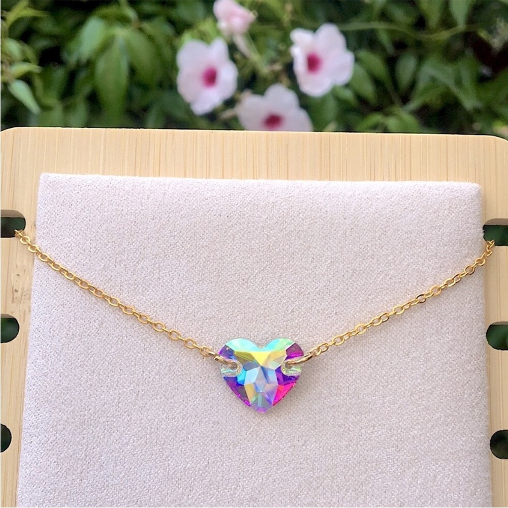 Aurora Borealis Crystal Heart Gold Charm Necklace